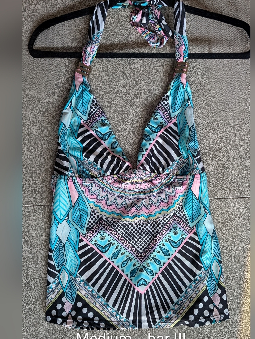 bar III Vibrant Pattern Halter Top in Aqua & Pink Bikini Unpadded
